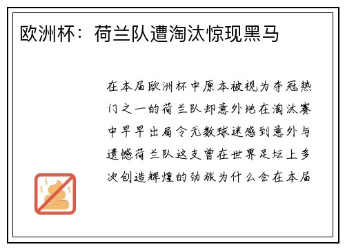 欧洲杯：荷兰队遭淘汰惊现黑马