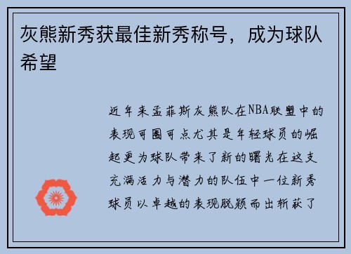 灰熊新秀获最佳新秀称号，成为球队希望