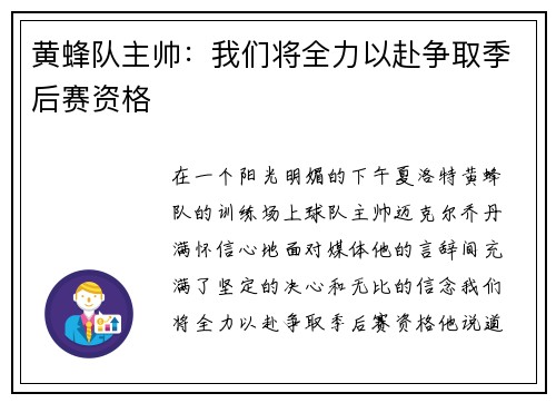 黄蜂队主帅：我们将全力以赴争取季后赛资格
